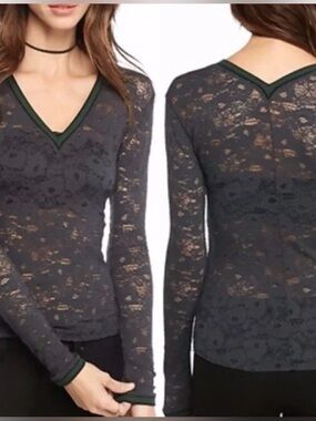 Free People Slate Gray Lace V-Neck Long Sleeve Top with Green Trim